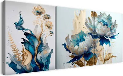 Produktbild von Wandbild Wanddeko Goldene Blumen auf Leinwand - ökologische Tinte, Wasserfest - 3 Teilig 90x180 cm Leinwandbilder für wohnzimmer, schlafzimmer
