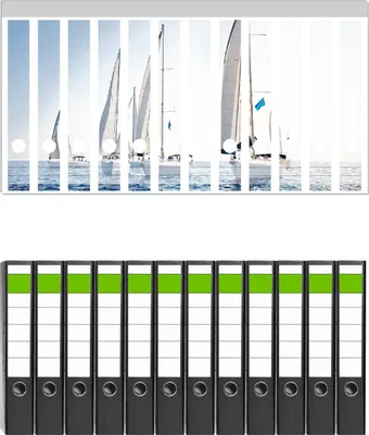 Produktbild von Wallario 12 Stück schmale Ordner inkl. Klebeetiketten mit Motive Segelschiff auf dem Meer -  Set mit Rückenschildern / Ordnerrücken Stickern