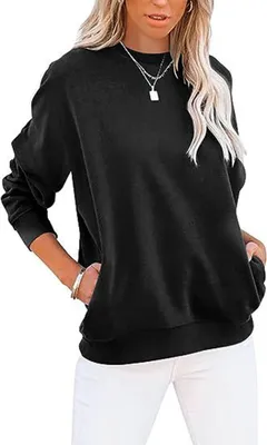 Produktbild von ASKSA Damen Pullover Rundhals Langarm Sweatshirt Casual Lose Einfarbige Herbst Winter Oberteile Oversize Tops, Schwarz, S