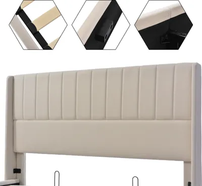 Immagine prodotto di okwish Letto imbottito 180x200 cm Letto matrimoniale con sollevamento idraulico, Letto contenitore con rete in legno, Letto con rete su telaio in metallo, Beige lino (senza materasso)