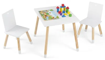 Produktbild von COSTWAY 3-teilige Kindersitzgruppe Holz, Kindertisch mit 2 Stühlen, Kinder Sitzgarnitur, Maltisch für Kinder zum Spielen Lernen Essen, Weiß
