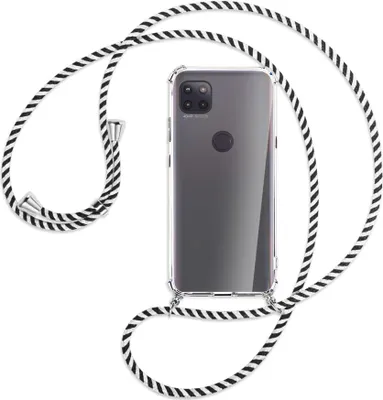 Produktbild von Handykette Backcover-Schutzhülle mit Band (Metall silberfarben) für Motorola Moto G 5G - schwarz/weiß gestreift