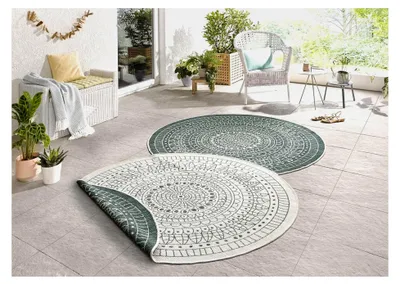 Produktbild von Northrugs Porto Rundteppich für Innen- und Außenbereich – Wendeteppich wasserfest im Mandala Design, flachgewebt, wetterfest für Balkon, Terrasse, Garten, Wohnzimmer in Grün Creme, ⌀140cm