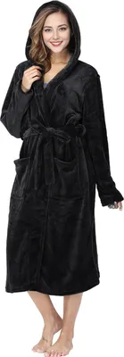 Produktbild von Damen-Bademantel mit Kapuze aus Flanell, Plüsch, lang, Spa-Bademantel mit Taschen am Bund, weich, flauschig, Bademantel mit Kapuze zum Entspannen