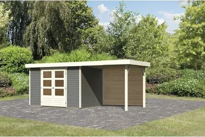 Produktbild von Gartenhaus Karibu Kodiak 4 inkl. Schleppdach 2,4 m und Rückwand 554 x 238 cm terragrau