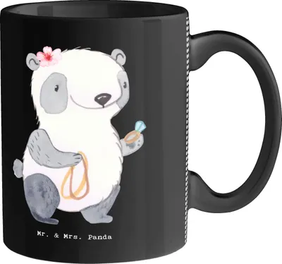 Produktbild von Mr. & Mrs. Panda Tasse Schmuckverkäuferin Herz - Schwarz - Geschenk, Ausbildung, Shopping, Schmied, Juwelier, Goldschmuck, kaffeebecher bedruckt, Kaffeetasse, Teebecher