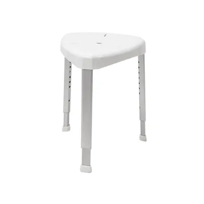 A white triangular shower stool with adjustable gray legs, shown against a white background.
