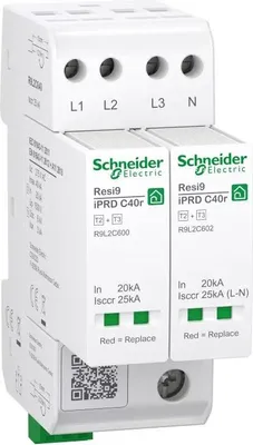 Immagine prodotto di Schneider Electric R9L2C640 Scaricatore di sovratensione, Resi9 iPRD C40r, tipo 2+3, moduli di protezione innestabili, 3P+N, 40 kA, compatto 2TE, contatto FM