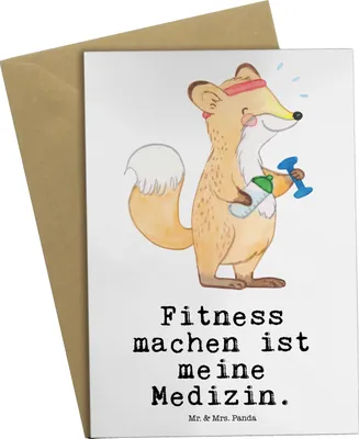 Produktbild von Mr. & Mrs. Panda Grußkarte Fuchs Fitness - Weiß - Geschenk, Grußkarten, Kraftsport, weihnachtskarten, Sport, Sportclub, Fitnessstudio, Treiben, osterkarten