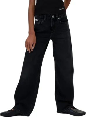 Immagine prodotto di Pantaloni jeans a gamba larga da bambina Calvin Klein, colore nero, modello Lvckfjc08g, vestibilità ampia. Materiale: denim