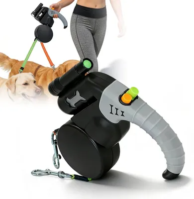 Imagen del producto de Correa extensible doble para perros, de 3 metros de longitud, con luz LED, dispensador de bolsas para excrementos, reflectante, para 2 perros