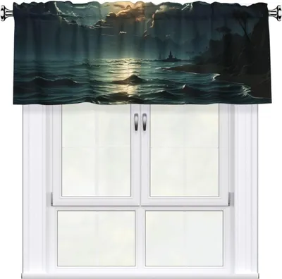 Produktbild von Fenstervolant für die Küche, lichtfilternder Verdunkelungsvolant mit Meeresmondmuster, kurzer Vorhang für kleine Fenster, Wohnzimmer und Badezimmer, 137,2 x 45,7 cm, 1 Vorhang