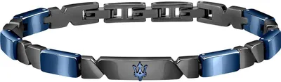 A bracelet with black and blue links, featuring a trident logo.