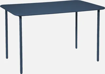 A blue metal garden table with four legs on a white background.