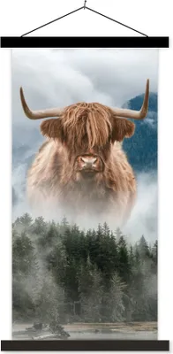 Produktbild von MuchoWow® Textilposter Schottische Hochlandrind - Kühe - Nebel 60x120 cm mit schwarzem Rahmen - Magnete