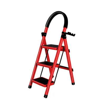 Image de Escabeau pliant 3 marches Acier pliable avec poignée Rouge