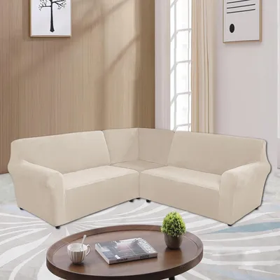 Obrázek produktu pro Topchances Velvet Sofa Cover L Shape 5 Seater Corner Sofa Cover 3 Piece Stretch Sofa Cover for L Shaped Sofa Furniture Thick Soft Washable Corner Sofa Cover, Beige