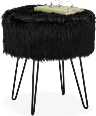 Produktbild von Fellpalette Hocker Schwarz, Kunstfell-Design, weich gepolstert, Haarnadelbeine, 38x17 cm