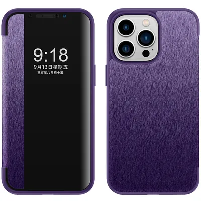 Obrázek produktu pro Pouzdro pro iPhone 14 Pro tenkéPolyuretankožené klopové pouzdro s okénkem pro zobrazení Fialová