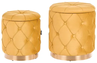 Produktbild von BELIANI Pouf 2er Set Senfgelb Samtstoff Gesteppt mit Stauraum Goldener Metallring Rund Chesterfield Stil Retro Wohnzimmer Schlafzimmer Flur Modern