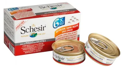 Image de Schesir Cat Boîte Naturelle Filet de poulet avec canard Nourriture humide pour chats 6x50g - 8x300g