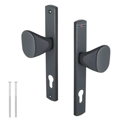 A pair of anthracite door handles with keyhole plates and two screws, presented on a white background.