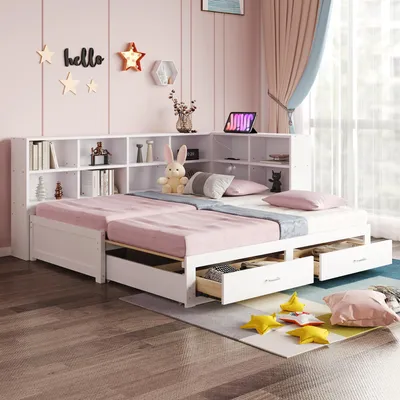 A child's bedroom with a white bed frame and pink bedding, featuring a built-in bookshelf and storage drawers.