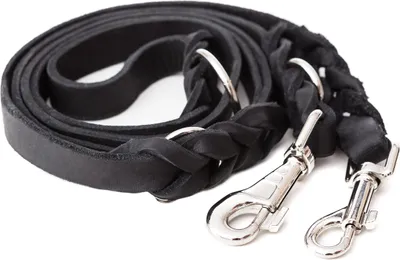 Produktbild von Hundeleine Umhängeleine Echt Leder Premium 2,25 m Doppelleine 3-fach verstellbar 18 mm Robust Echtleder Chrom Karabiner (Schwarz)
