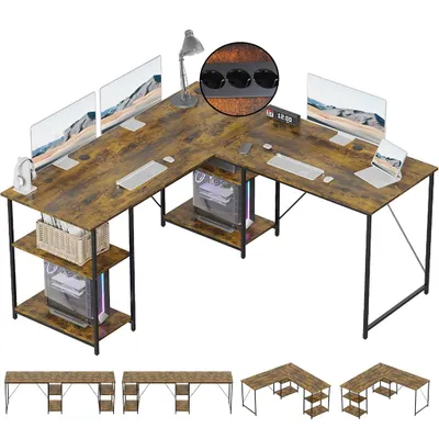An L-shaped computer desk with shelves and computer equipment.