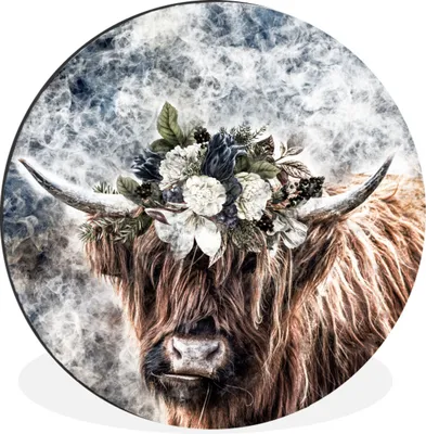 Produktbild von MuchoWow® Aluminium Wandkreis Schottischer Highlander - Tiere - Blumen Ø 60 cm Wanddeko Modern Wohnzimmer - Wand Kreis - Wandbild - Schlafzimmer - Aluminium Bild - Kinderzimmer - Wohnzimmer Dekoration - Wandschmuck