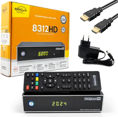 A product shot of a DigiQuest 8312 HD FTA Digital Satellitenreceiver, its packaging, and accessories.