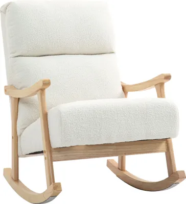 A cream-colored rocking chair with a teddy velvet-like texture and light wood frame, shown against a white background.