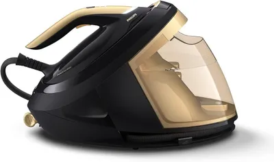 A black and gold steam ironing station is shown against a white background.
