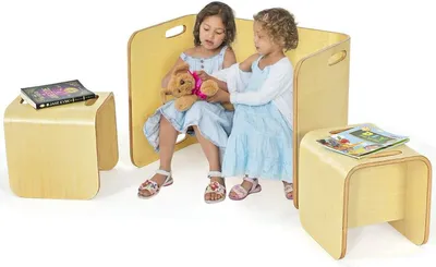 Produktbild von Multifunktionale Kindersitzgruppe mit 1 Tisch & 2 Stühlen, Kindersitzgarnitur aus Birkenholz, Kindermöbel, Wendetisch und Wendehocker Set