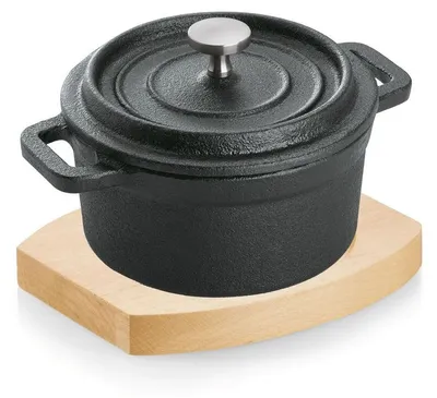 Produktbild von 8x Cocotte schwarz Gusseisen ø 10 cm mit Deckel + 8x Holzuntersetzer