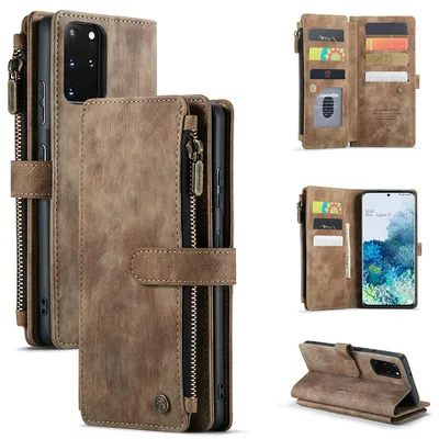 Obrázek produktu pro Pouzdro na mobilní telefon Galaxy S20+, zapínání na zip,Polyuretankožené flipové pouzdro, magnetické zapínání, držák na karty, funkce stojánku, peněženka, ochranné pouzdro pro Samsung Galaxy S20 Plus, hnědá barva