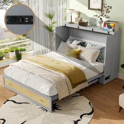 Zdjęcie produktu dla Oszczędzające miejsce łóżko do garderoby 140x200 rozkładane, USB+gniazdo, duża szuflada, zagłówek, MDF sosna, szary, bez materaca