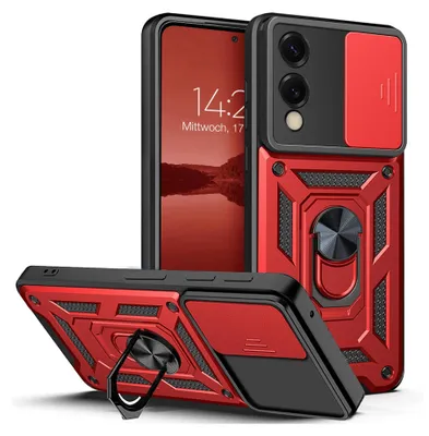 A red and black phone case with a camera cover and a ring stand, shown from multiple angles.