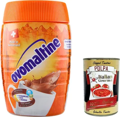 Produktbild von 6x Ovomaltine Lösliche Zubereitung für Getränke auf Gerstenmalz und Kakao Basis mit Vitaminen und Mineralstoffen 400g + Italian Gourmet polpa 400g