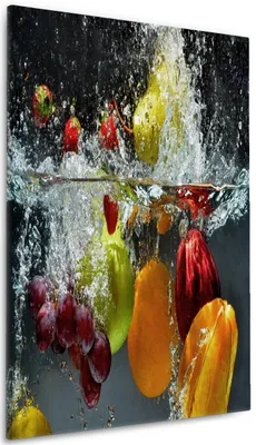 Produktbild von Wallario Premium Leinwandbild Früchte im und unter Wasser - Splashing Fruits in Größe 60 x 90 cm