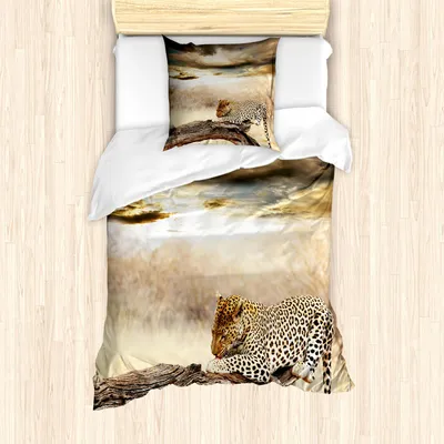 Obrázok produktu pre ABAKUHAUS Safari obliečka na perinu, leopard, dramatická oblačná obloha Afrika Safari divoké mačky príroda obrázok, 135 x 200 cm + 80 x 80 cm, béžová a hnedá