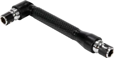 A black and silver L-shaped wrench with a hexagonal socket on each end, shown against a white background.