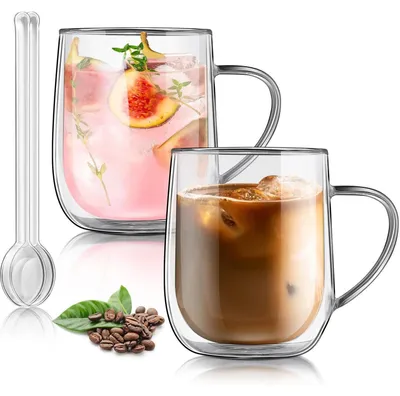 Productafbeelding van Dubbelwandige koffiebekers, 450 ml, borosilicaatglas, set van 2. Thermobekers met zweefeffect en handvat