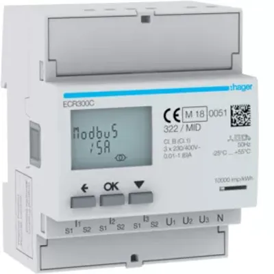 Zdjęcie produktu dla Licznik energii Hager 3ph, pośredni, MODBUS, MID ECR300C