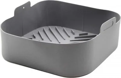 A gray silicone insert for an air fryer.