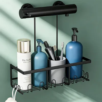 Image de Étagère de douche à suspendre, sans perçage, noire, à une étagère, avec crochets