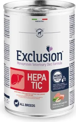 Immagine prodotto di EXCLUSION HE37 HEPATIC ALL BREEDS in scatola 400 g, maiale/riso/piselli