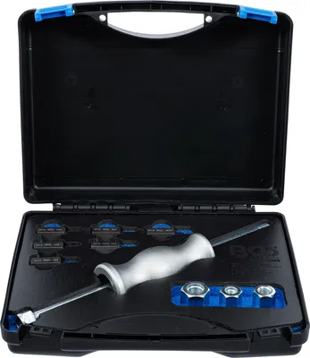 A black toolbox with a sliding hammer and adapters inside.