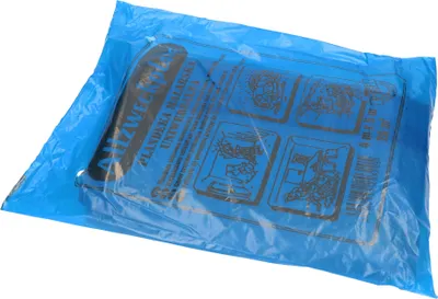 A blue plastic bag containing a folded sheet of plastic sheeting.
