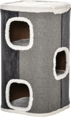 Produktbild von PawHut Katzentonne Kratzbaum, Spanplatte, Plüsch, Sisal, Grau/Weiß, 3 Ebenen, 40x40x74 cm, bis 4,5 kg, 3 Höhlen, 2x Ø18cm Verbindungsöffnungen